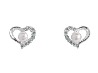Boucles d'oreilles cœur avec perle d'eau douce et oxydes de zirconium  en argent 925